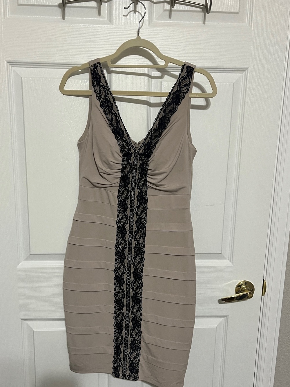 Signature by Sangria Taupe Dress with Black Lace Trim